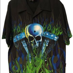 Skull Knucklehead w/Green Flames 
Men’s Large
Motorcycle Biker
by ‘D’ Clothing.